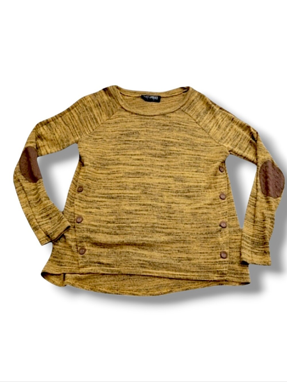 Sweet Wanderer Mustard Marled Knit Sweater Elbow Patches Side Buttons
